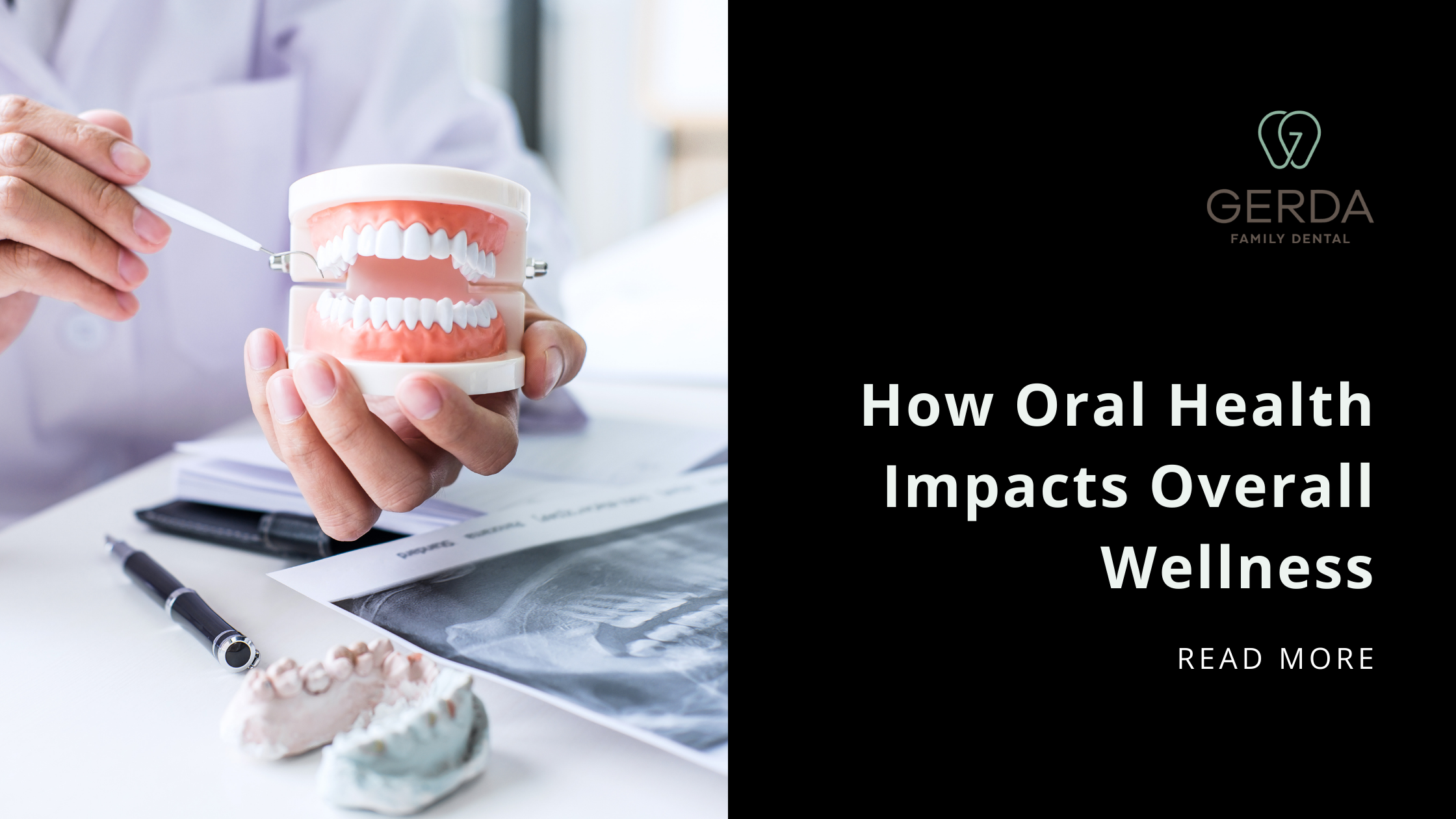 A dentist explaining hygiene with a model tooth set with the business logo, blog title, and read more option.